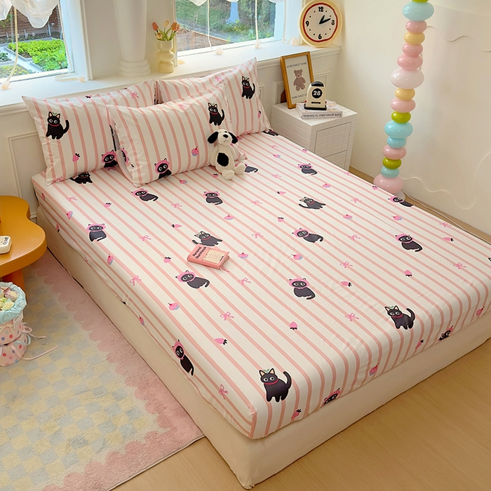 91家纺网 家纺一手货源 找家纺 希诺家居 2025新款全棉纯棉卡通小清新床笠 条纹黑猫