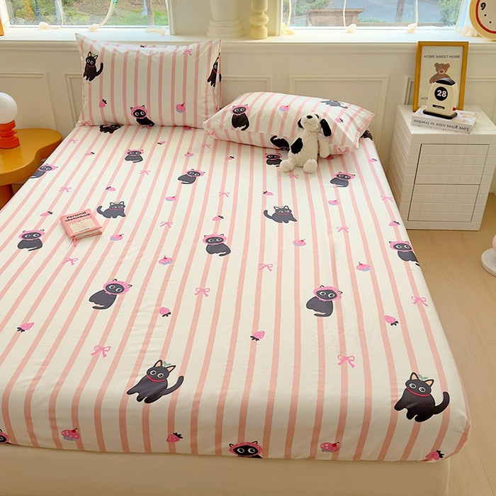 91家纺网 家纺一手货源 找家纺 希诺家居 2025新款全棉纯棉卡通小清新床笠 条纹黑猫