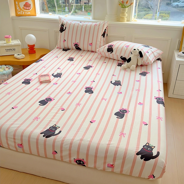 91家纺网 家纺一手货源 找家纺 希诺家居 2025新款全棉纯棉卡通小清新床笠 条纹黑猫