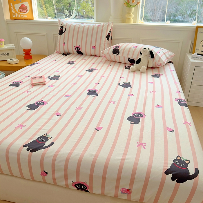 91家纺网 家纺一手货源 找家纺 希诺家居 2025新款全棉纯棉卡通小清新床笠 条纹黑猫