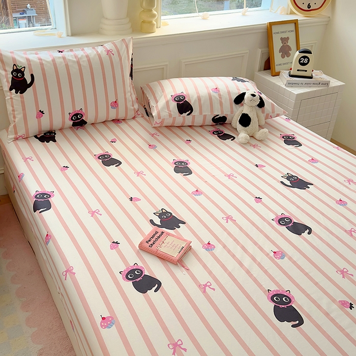 91家纺网 家纺一手货源 找家纺 希诺家居 2025新款全棉纯棉卡通小清新床笠 条纹黑猫