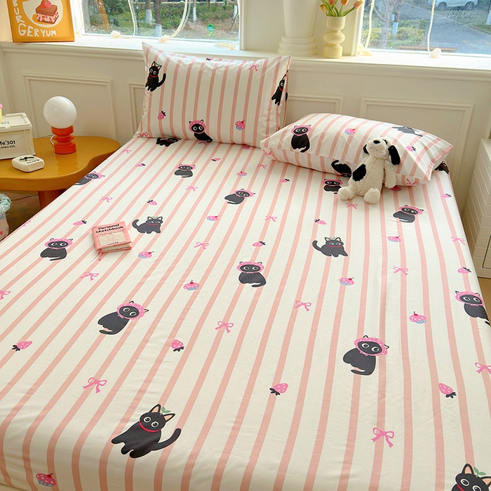 91家纺网 家纺一手货源 找家纺 希诺家居 2025新款全棉纯棉卡通小清新床笠 条纹黑猫