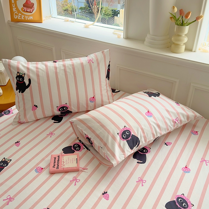 91家纺网 家纺一手货源 找家纺 希诺家居 2025新款全棉纯棉卡通小清新床笠 条纹黑猫