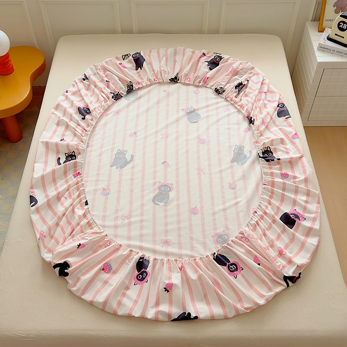 91家纺网 家纺一手货源 找家纺 希诺家居 2025新款全棉纯棉卡通小清新床笠 条纹黑猫