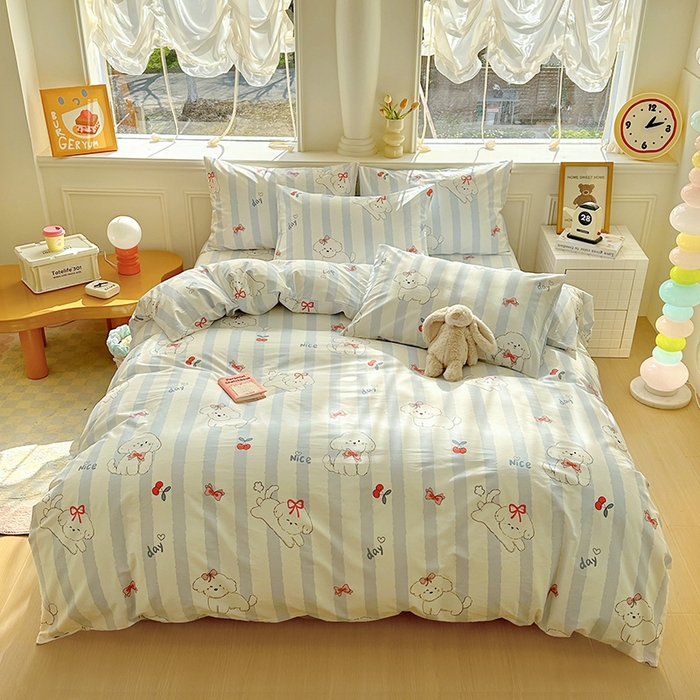 希诺家居 2025新款全棉纯棉卡通小清新床笠 樱桃小奶狗