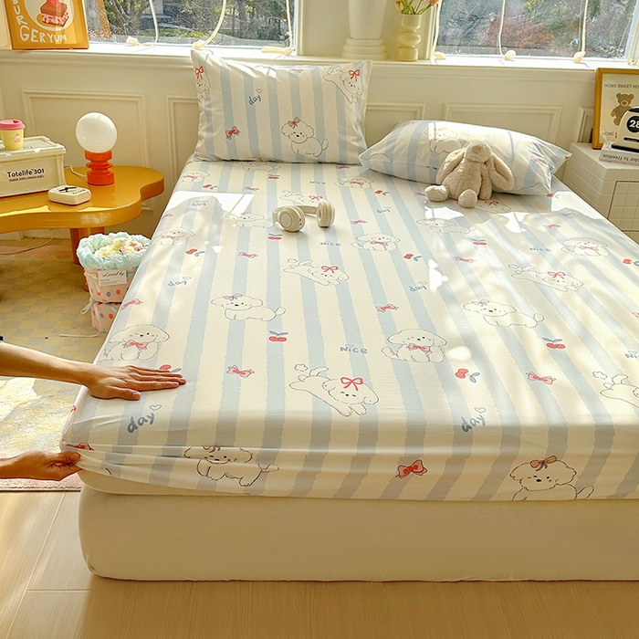 91家纺网 家纺一手货源 找家纺 希诺家居 2025新款全棉纯棉卡通小清新床笠 樱桃小奶狗