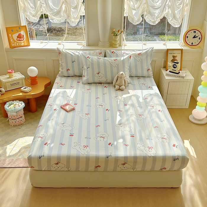 91家纺网 家纺一手货源 找家纺 希诺家居 2025新款全棉纯棉卡通小清新床笠 樱桃小奶狗