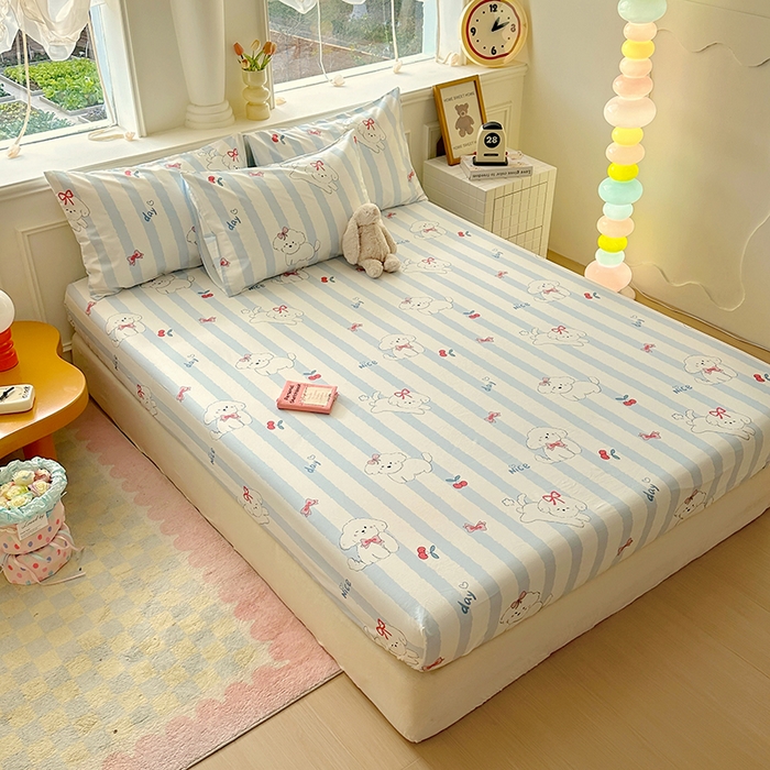 91家纺网 家纺一手货源 找家纺 希诺家居 2025新款全棉纯棉卡通小清新床笠 樱桃小奶狗