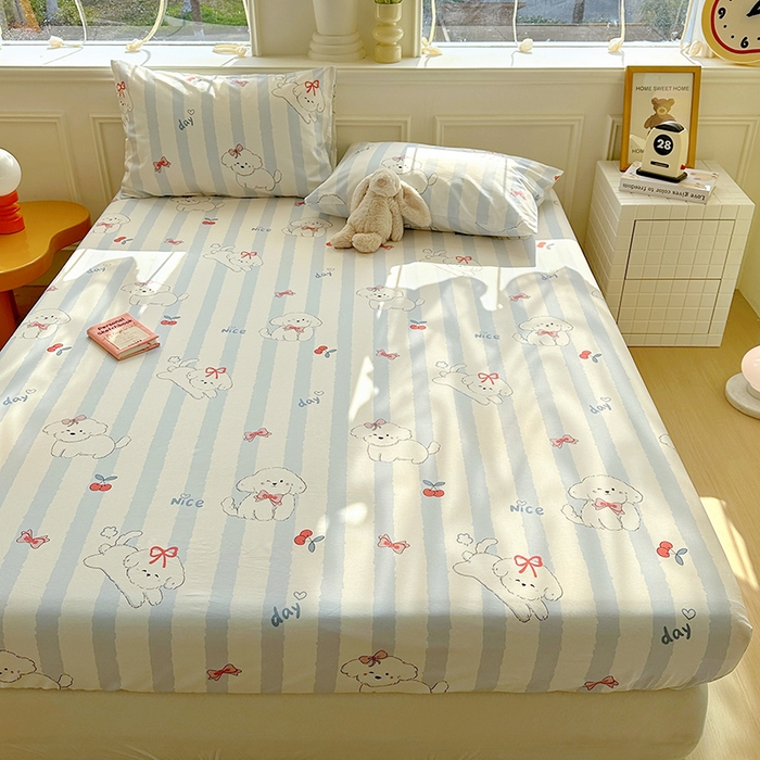 91家纺网 家纺一手货源 找家纺 希诺家居 2025新款全棉纯棉卡通小清新床笠 樱桃小奶狗