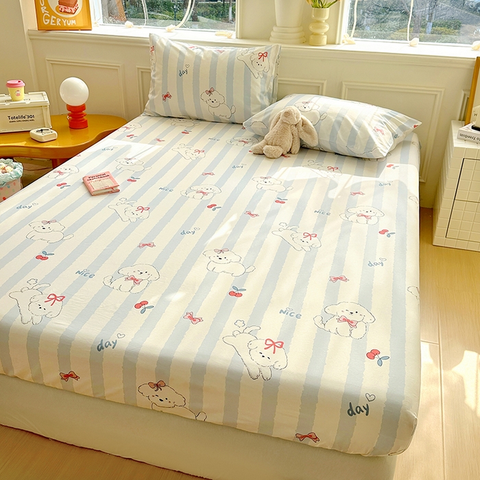 91家纺网 家纺一手货源 找家纺 希诺家居 2025新款全棉纯棉卡通小清新床笠 樱桃小奶狗