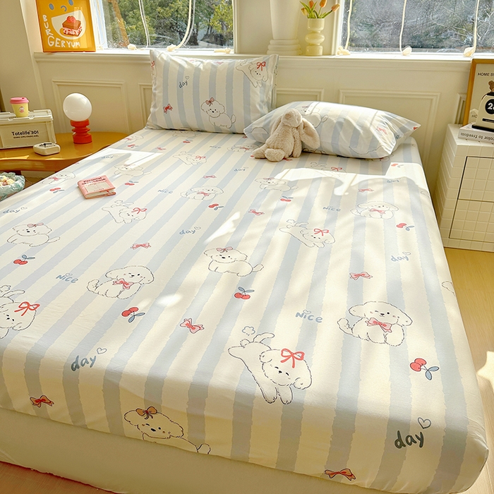 91家纺网 家纺一手货源 找家纺 希诺家居 2025新款全棉纯棉卡通小清新床笠 樱桃小奶狗