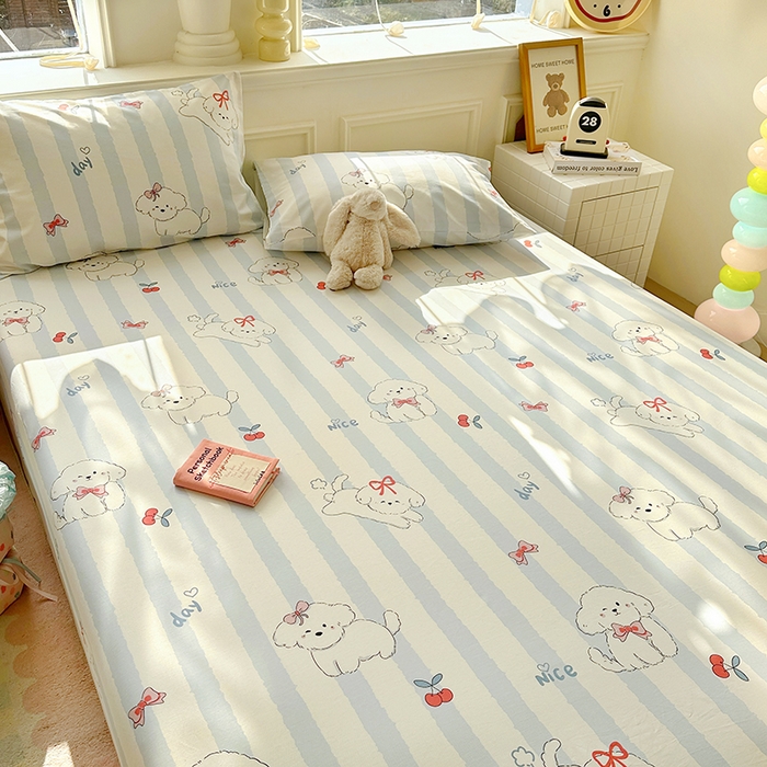 91家纺网 家纺一手货源 找家纺 希诺家居 2025新款全棉纯棉卡通小清新床笠 樱桃小奶狗