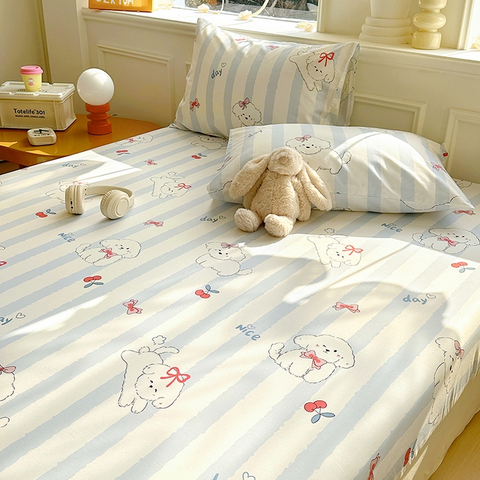 91家纺网 家纺一手货源 找家纺 希诺家居 2025新款全棉纯棉卡通小清新床笠 樱桃小奶狗