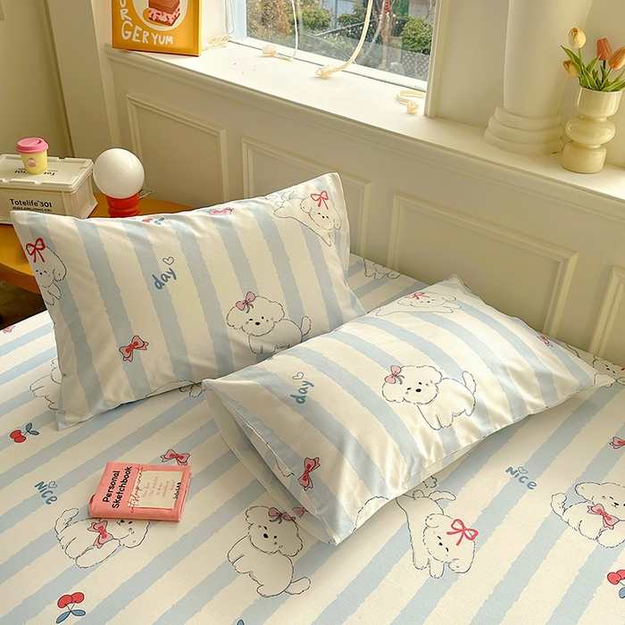 91家纺网 家纺一手货源 找家纺 希诺家居 2025新款全棉纯棉卡通小清新床笠 樱桃小奶狗