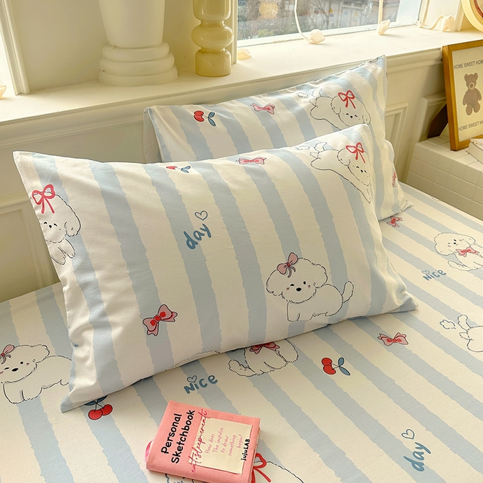 91家纺网 家纺一手货源 找家纺 希诺家居 2025新款全棉纯棉卡通小清新床笠 樱桃小奶狗