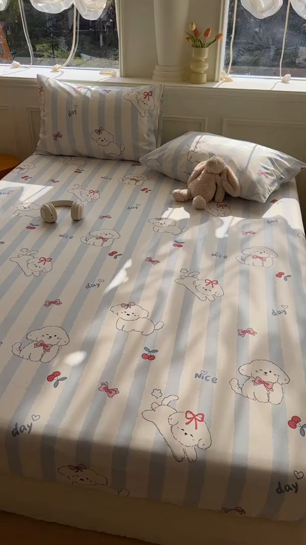 91家纺网 家纺一手货源 找家纺 希诺家居 2025新款全棉纯棉卡通小清新床笠 樱桃小奶狗