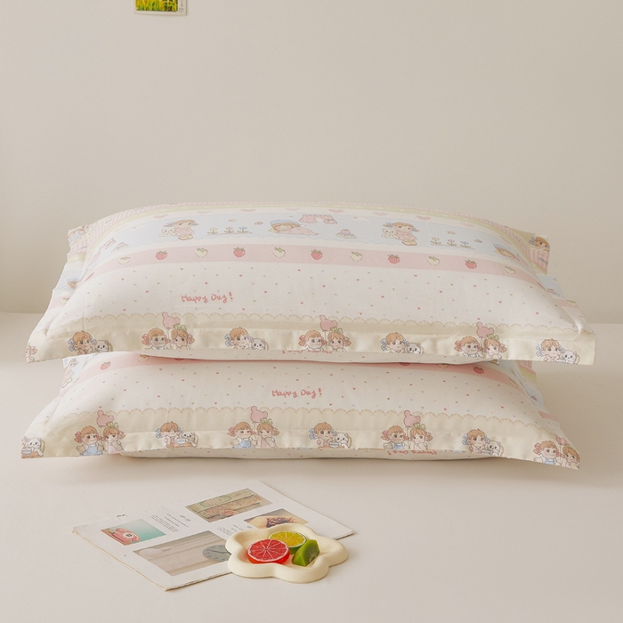 91家纺网 家纺一手货源 找家纺 翎盈家纺2025款ins风小清新卡通多规格纯棉枕套全棉枕头套 快乐童年