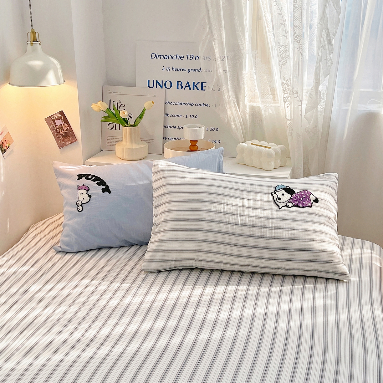 91家纺网 家纺一手货源 找家纺 炫拼家纺 2026春夏新款全棉纯棉A类40支双层纱卡通毛巾绣四件套-慕斯 晚安狗