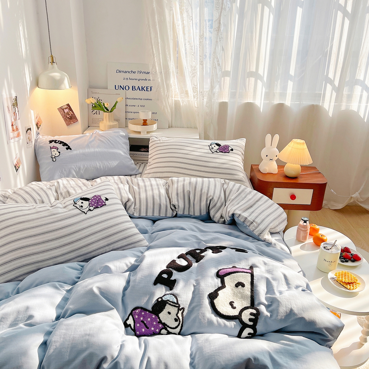 91家纺网 家纺一手货源 找家纺 炫拼家纺 2026春夏新款全棉纯棉A类40支双层纱卡通毛巾绣四件套-慕斯 晚安狗