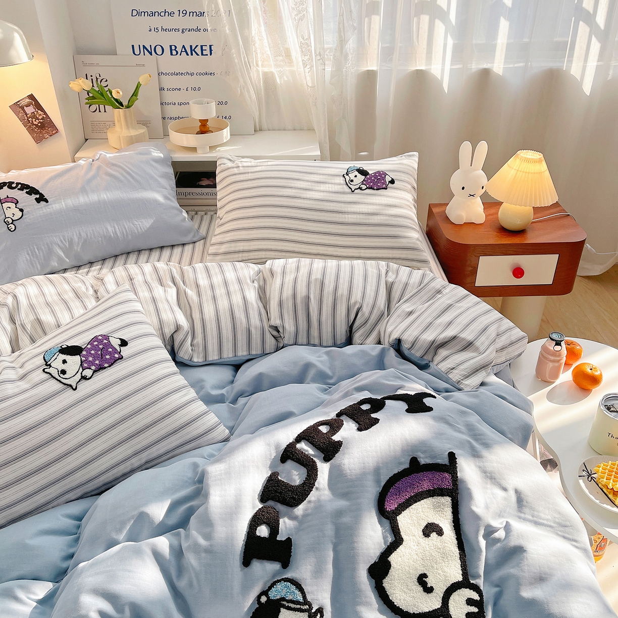 91家纺网 家纺一手货源 找家纺 炫拼家纺 2026春夏新款全棉纯棉A类40支双层纱卡通毛巾绣四件套-慕斯 晚安狗