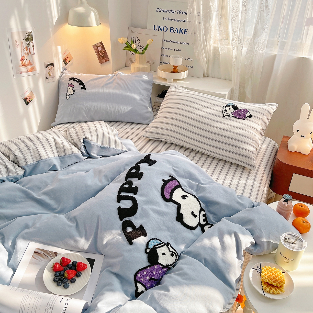 91家纺网 家纺一手货源 找家纺 炫拼家纺 2026春夏新款全棉纯棉A类40支双层纱卡通毛巾绣四件套-慕斯 晚安狗