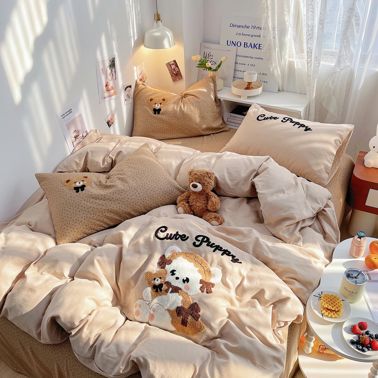 91家纺网 家纺一手货源 找家纺 炫拼家纺 2026春夏新款全棉纯棉A类40支双层纱卡通毛巾绣四件套-慕斯 哈尼熊