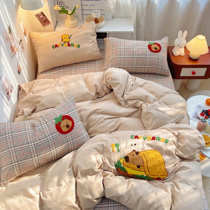 炫拼家纺 2026春夏新款全棉纯棉A类40支双层纱卡通毛巾绣四件套-慕斯 汉堡卡皮