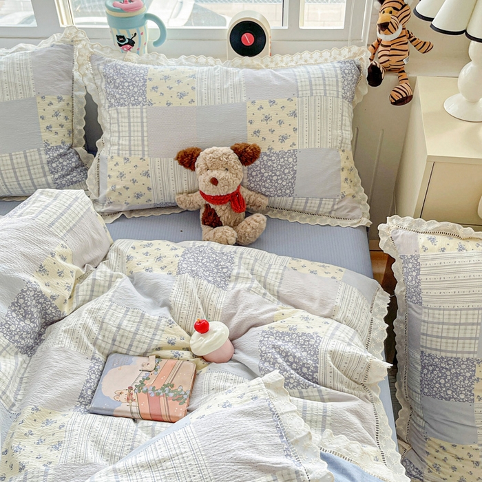 91家纺网 家纺一手货源 找家纺 典曼家纺 2025新款云感皱皱双层纱花边四件套 百福蓝