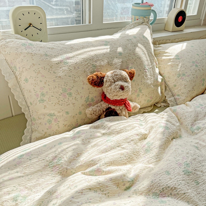 91家纺网 家纺一手货源 找家纺 典曼家纺 2025新款云感皱皱双层纱花边四件套 薄荷微凉