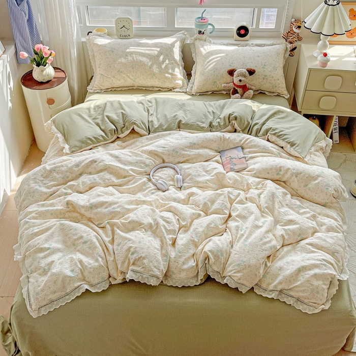 91家纺网 家纺一手货源 找家纺 典曼家纺 2025新款云感皱皱双层纱花边四件套 薄荷微凉