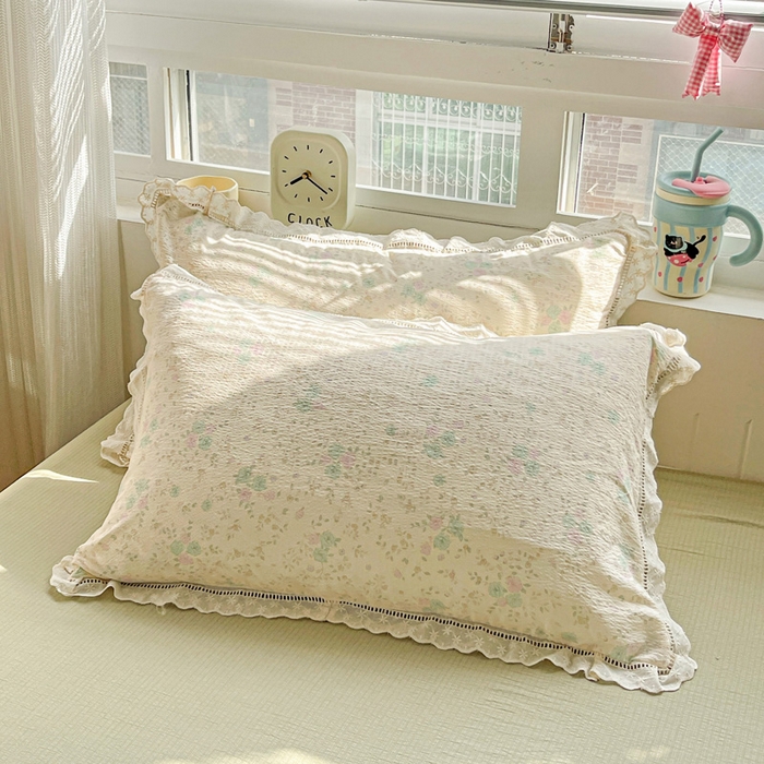 91家纺网 家纺一手货源 找家纺 典曼家纺 2025新款云感皱皱双层纱花边四件套 薄荷微凉