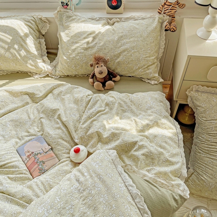 91家纺网 家纺一手货源 找家纺 典曼家纺 2025新款云感皱皱双层纱花边四件套 春晓