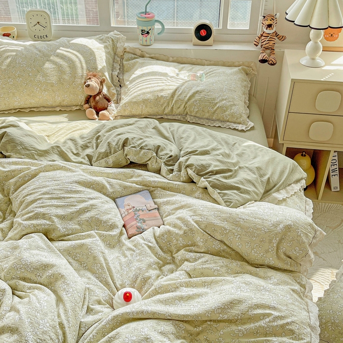 91家纺网 家纺一手货源 找家纺 典曼家纺 2025新款云感皱皱双层纱花边四件套 春晓