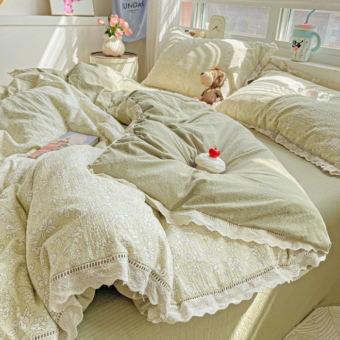 91家纺网 家纺一手货源 找家纺 典曼家纺 2025新款云感皱皱双层纱花边四件套 春晓