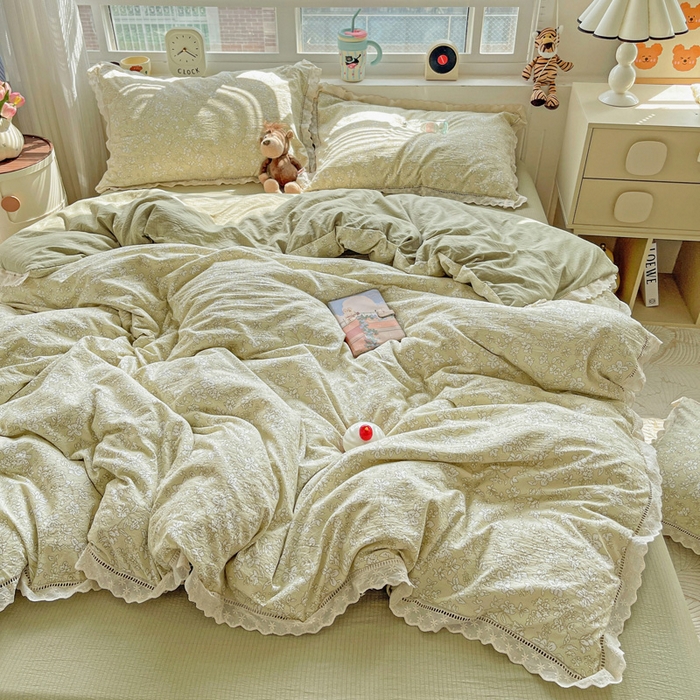 91家纺网 家纺一手货源 找家纺 典曼家纺 2025新款云感皱皱双层纱花边四件套 春晓