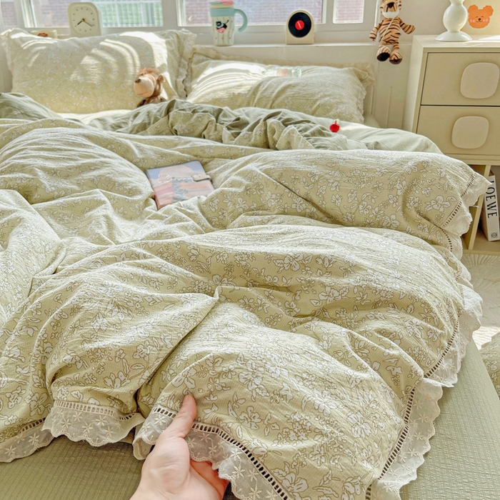 91家纺网 家纺一手货源 找家纺 典曼家纺 2025新款云感皱皱双层纱花边四件套 春晓