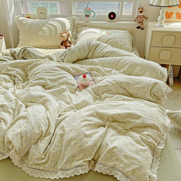 91家纺网 家纺一手货源 找家纺 典曼家纺 2025新款云感皱皱双层纱花边四件套 春晓