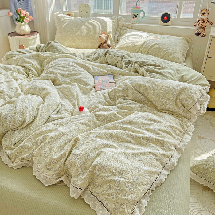 91家纺网 家纺一手货源 找家纺 典曼家纺 2025新款云感皱皱双层纱花边四件套 春晓