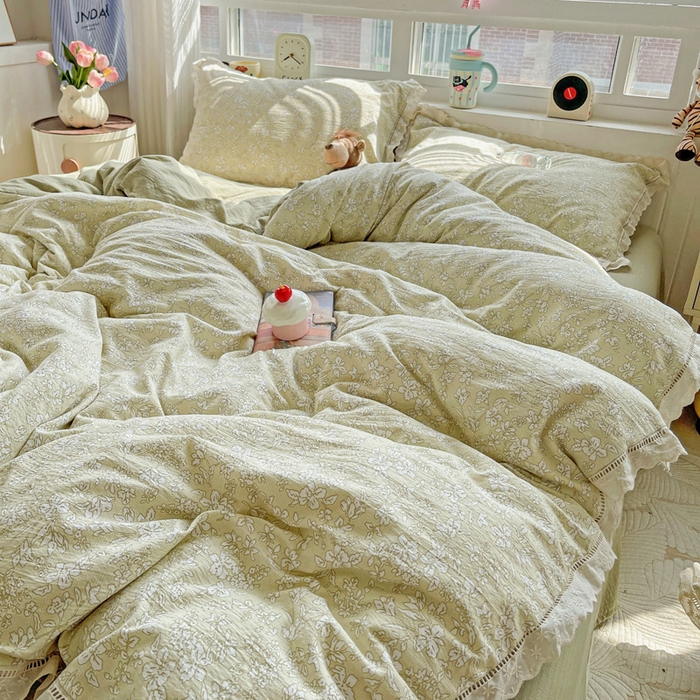 91家纺网 家纺一手货源 找家纺 典曼家纺 2025新款云感皱皱双层纱花边四件套 春晓