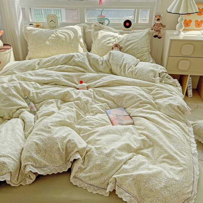 91家纺网 家纺一手货源 找家纺 典曼家纺 2025新款云感皱皱双层纱花边四件套 春晓