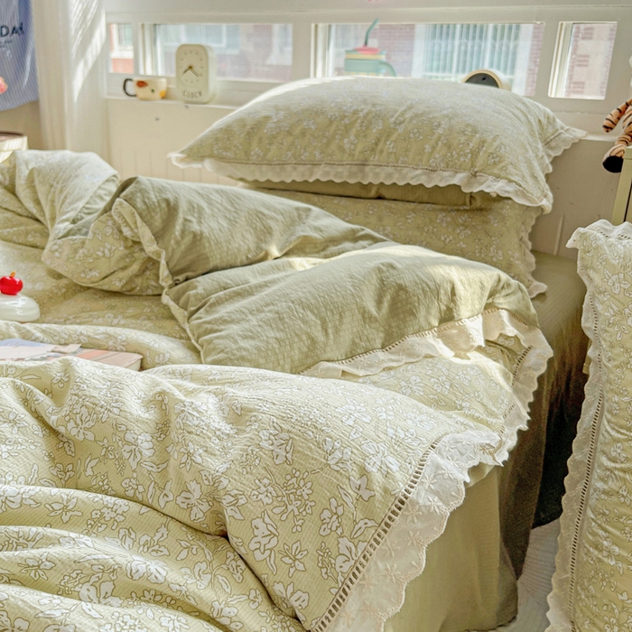 91家纺网 家纺一手货源 找家纺 典曼家纺 2025新款云感皱皱双层纱花边四件套 春晓