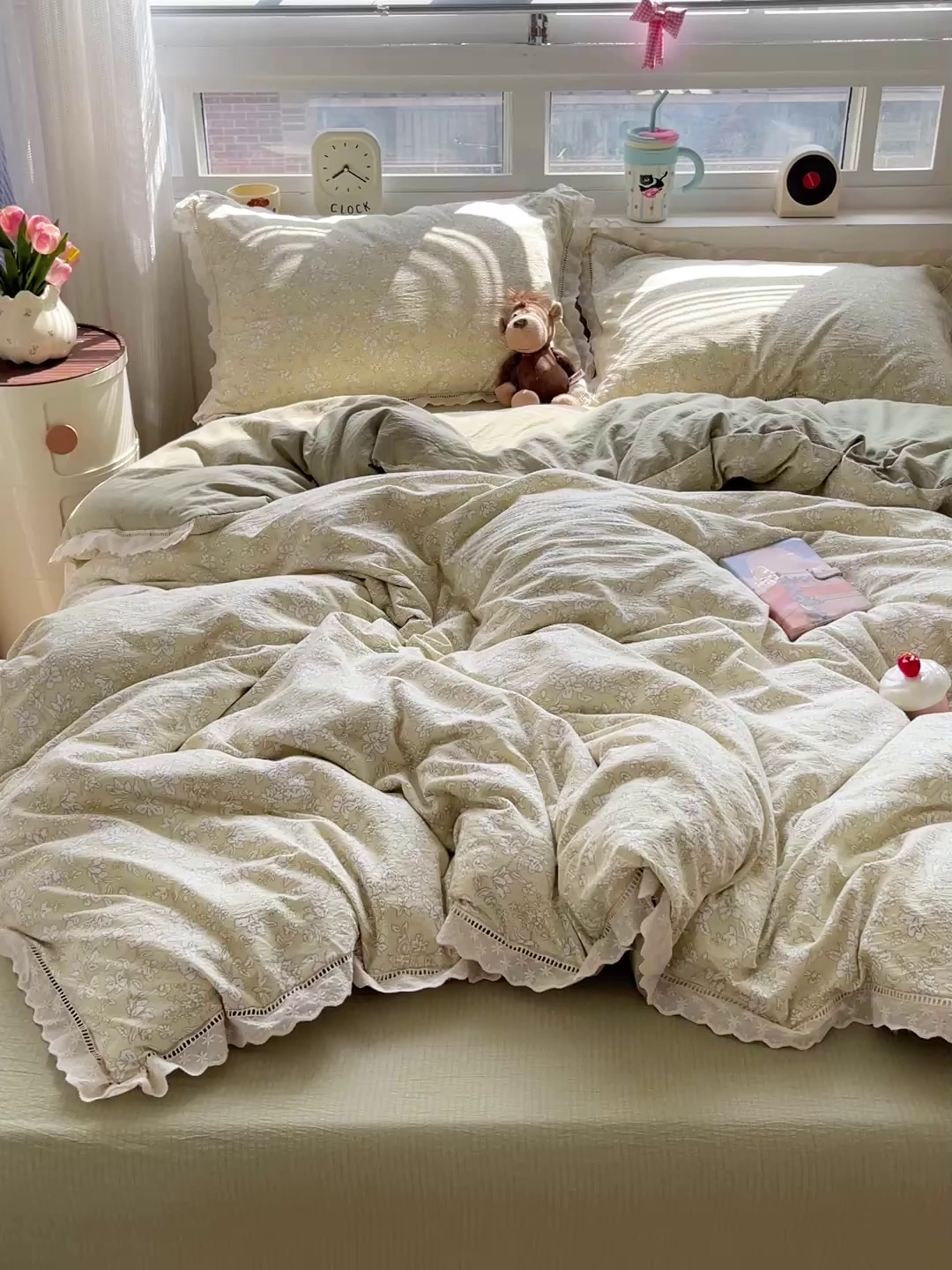 91家纺网 家纺一手货源 找家纺 典曼家纺 2025新款云感皱皱双层纱花边四件套 春晓