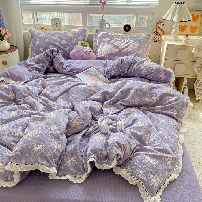 91家纺网 家纺一手货源 找家纺 典曼家纺 2025新款云感皱皱双层纱花边四件套 豆蔻