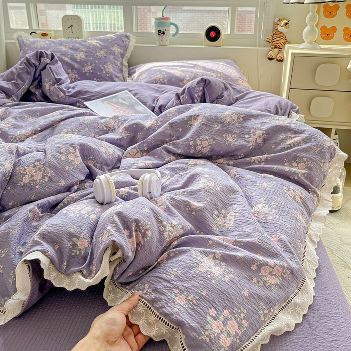 91家纺网 家纺一手货源 找家纺 典曼家纺 2025新款云感皱皱双层纱花边四件套 豆蔻