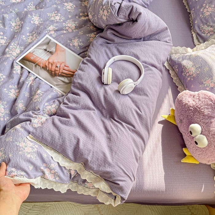 91家纺网 家纺一手货源 找家纺 典曼家纺 2025新款云感皱皱双层纱花边四件套 豆蔻