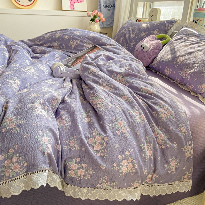 91家纺网 家纺一手货源 找家纺 典曼家纺 2025新款云感皱皱双层纱花边四件套 豆蔻