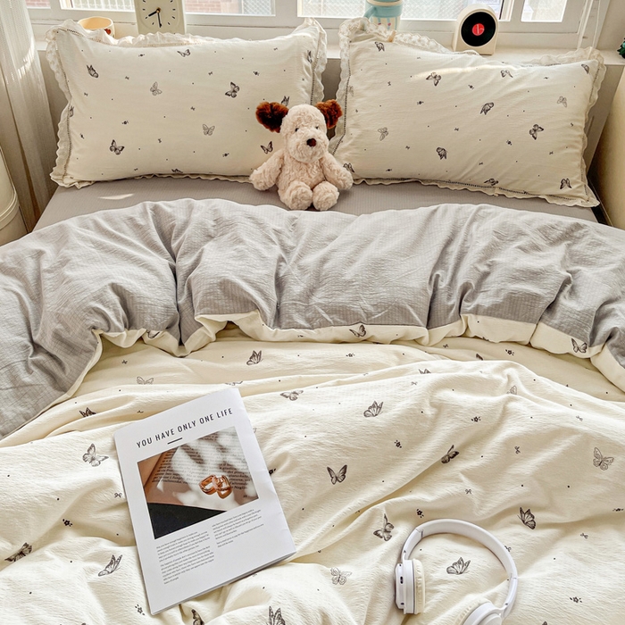 典曼家纺 2025新款云感皱皱双层纱花边四件套 蝴蝶梦