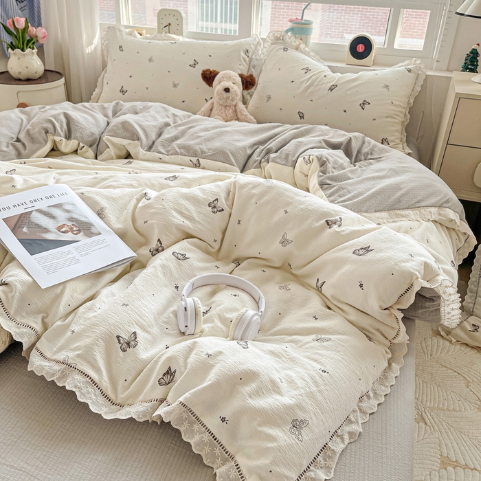 91家纺网 家纺一手货源 找家纺 典曼家纺 2025新款云感皱皱双层纱花边四件套 蝴蝶梦