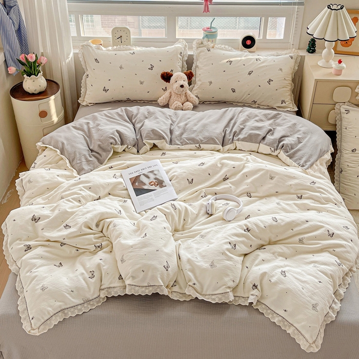 91家纺网 家纺一手货源 找家纺 典曼家纺 2025新款云感皱皱双层纱花边四件套 蝴蝶梦