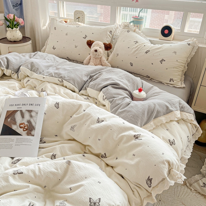 91家纺网 家纺一手货源 找家纺 典曼家纺 2025新款云感皱皱双层纱花边四件套 蝴蝶梦